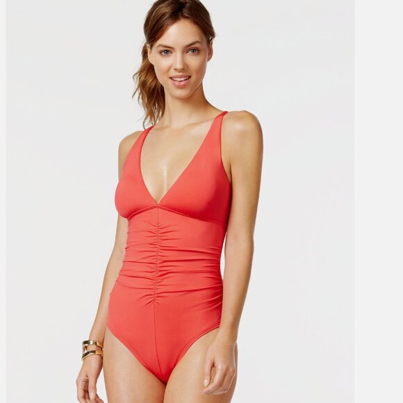 New Calvin Klein Swimsuit Bikini one 1 piece Sz 8 V Neck wmn Watermelon - Picture 1 of 2